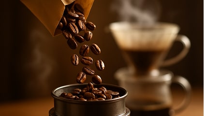 A close-up of roasted coffee beans being poured into a grinder or stored in a glass jar